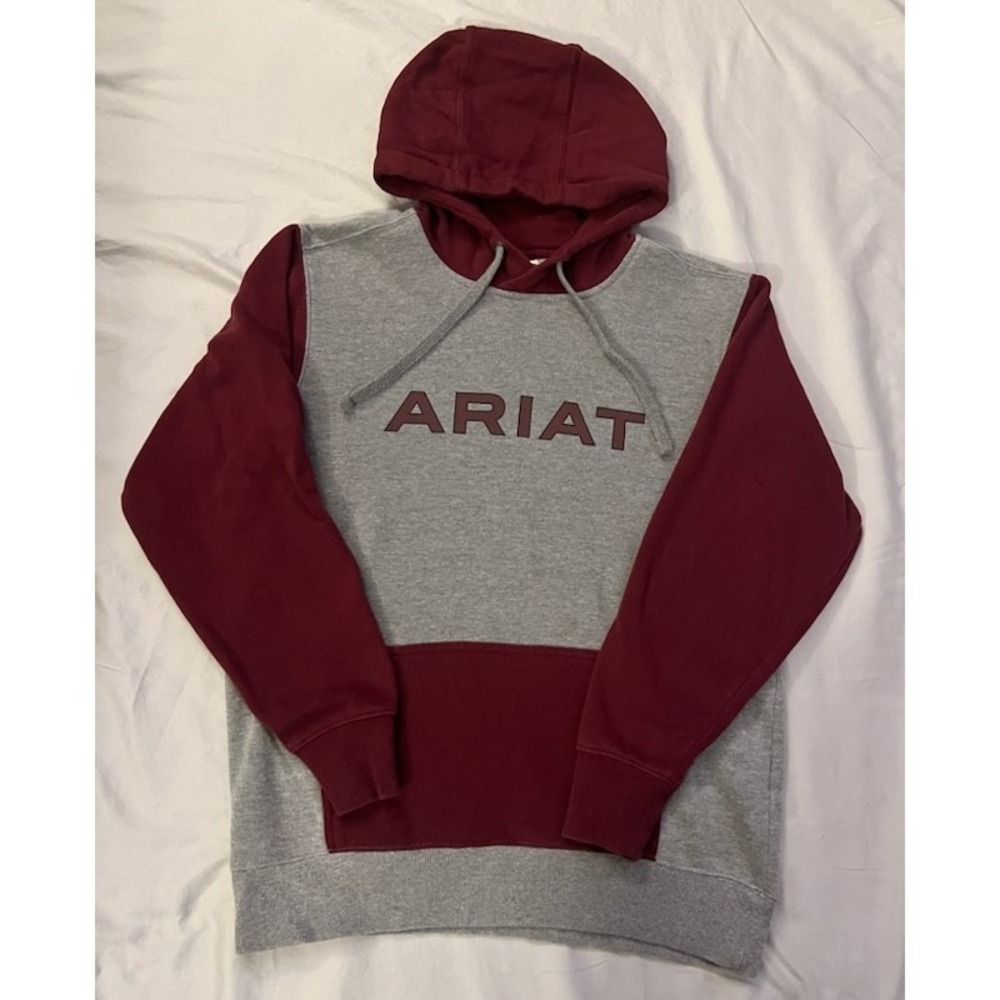 Ariat Mens Colorblock Logo Hoodie Gray Burgundy Fleece Sweatshirt Small